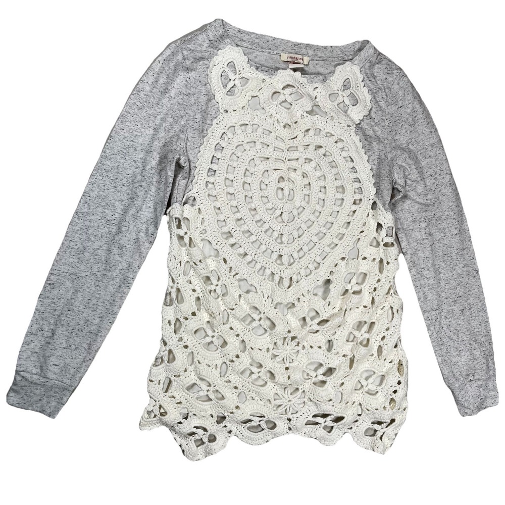 Sundance Women's Gray Marled Sweatshirt Sz XS Crochet Overlay Pullover Top Boho‎